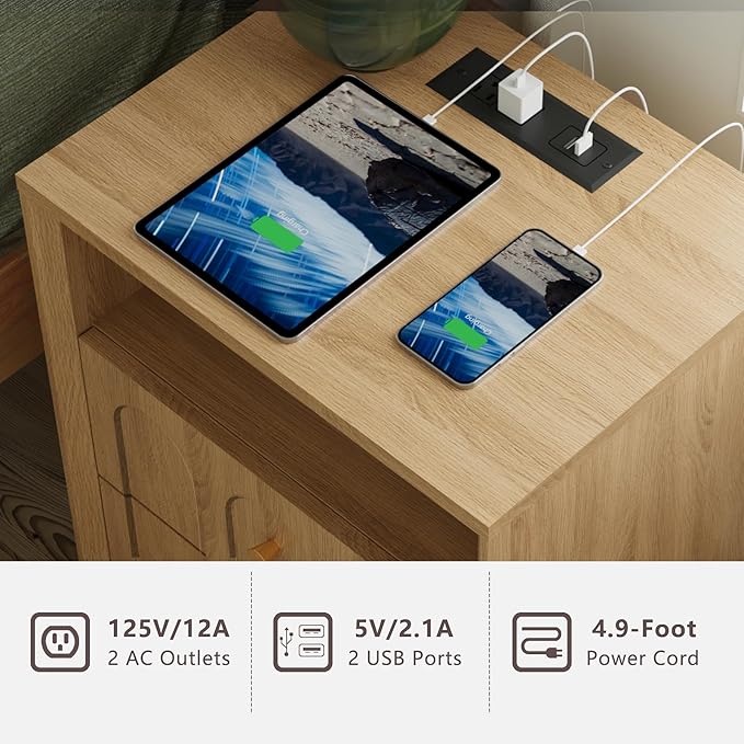 FORTUNETEC Nightstand with Charging Station, Mid Century Modern Nightstand with Arched Design, Boho End Table with Wood Grain Texture, Bedside Table for Bedroom Living Room Sofa Office, Oak