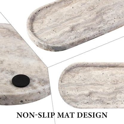 Koville Natural Travertine Tray for Bathroom Countertop, 12"x6" Vanity Decorative Marble Tray for Perfume, Candles, Jewelry, Stone Catchall Trays Jewelry Dish, Silver Stone Trays for Kitchen Counter