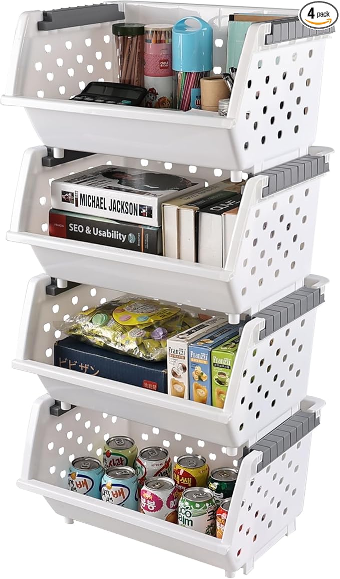 4-Pack Plastic Stackable Storage Baskets, Open Front Kitchen Organizer Basket Bin, White, F