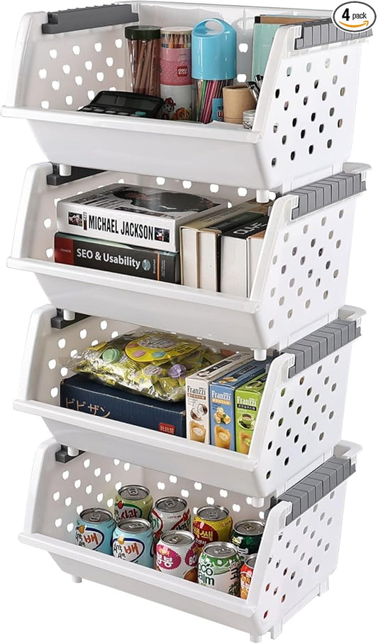 4-Pack Plastic Stackable Storage Baskets, Open Front Kitchen Organizer Basket Bin, White, F