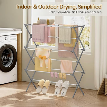 KINGBOARD Clothes Drying Rack, Collapsible Drying Rack Clothing with 11 Poles, 3-Tier Laundry Drying Rack, Small Clothes Drying Rack Foldable for Baby Clothes Sock Towel, 25lb Capacity, White & Grey