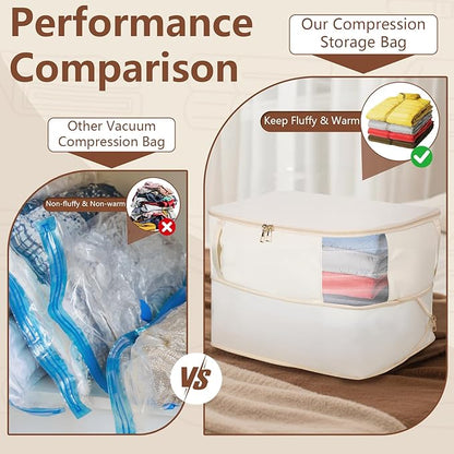 Compression Storage Bags for Clothes, Foldable Reusable Organizers for Down Coats, Comforters, Bedding, Blankets, Self Compression Packing Cubes Space Saver Bags with Dual Zippers, 2 Pack, 40 L, Beige