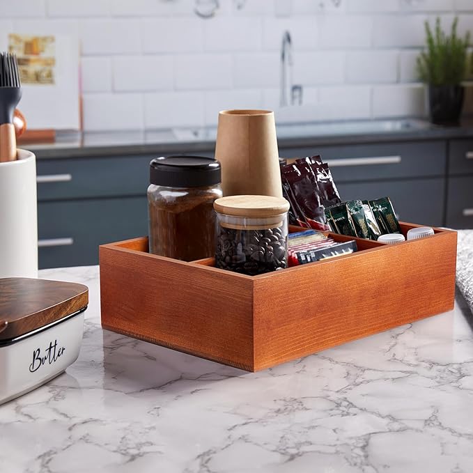 ALELION Coffee Station Organizer with Removable Dividers - Wood Coffee Bar Accessories Organizer for Countertop - Pod Holder Basket for K Cup Sugar Tea