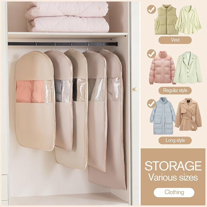 2 Packs Gusseted Garment Bags for Hanging Clothes Suit Bags for Open Closet Storage, Side Clear Clothing Cover for Coat, Dress, Jacket, Shirt, Fur Wardrobe Protector, (ecru, 35 inch)