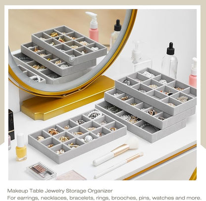 Junkin 12 Pcs Jewelry Tray Velvet Stackable Jewelry Organizer Trays Divided Earring Accessories Storage Containers Box (Rose Red)