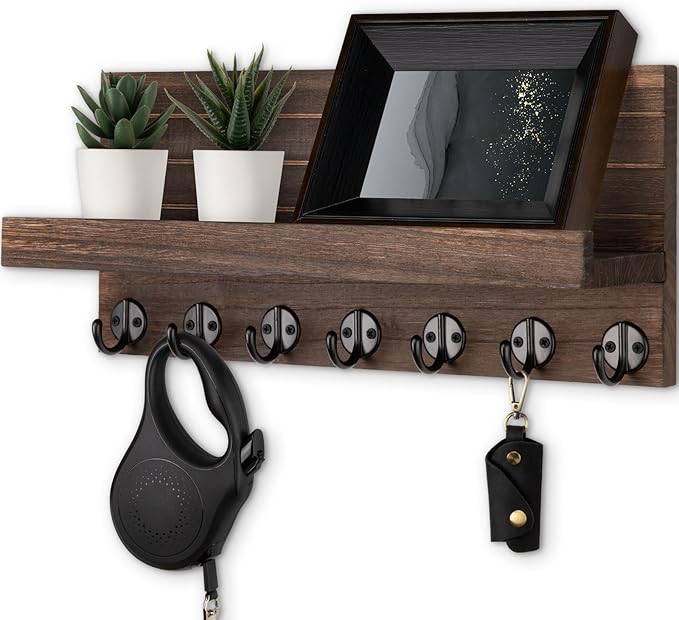 Key Holder Wall Mount, Entryway Key and Mail Holder with 7 Sturdy Hooks for Sunglasses, Dog Leash, Decorative Wall Shelf with Mounting Hardware, 15”W x 6.7”H x 4.2”D (Brown)
