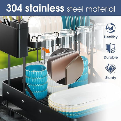 YEYPOP Dish Drying Rack for Kitchen Counter, Stainless Steel 2 Tier Dish Rack w Drainboard, Foldable 360° Rotatable & Expandable Drainer, Space-Saving Dish Strainers for Kitchenware