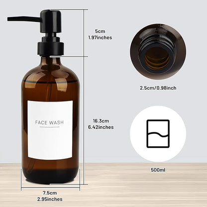Ezebesta Set of 3 Amber Glass 16.9oz Soap Dispensers with 22 White Labels Bathroom Liquid Bottle Container with Black Pump