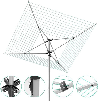tonchean Rotary Umbrella Drying Rack, Adjustable Height Rotary 4-arm Umbrella Clothesline for Laundry Outdoors Dryer Collapsible Clothes Drying Rack | 12-Lines with 165 ft. Clothesline