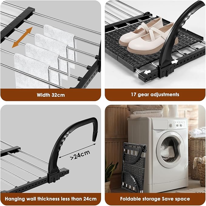 Portable Clothes Drying Rack for Balcony,Foldable Railings Windowsill, Retractable Radiator Clothes Airer,28"x13" Folding Towel Rack Indoor Outdoor Travel Laundry Rack with Clips (B-28"x13")