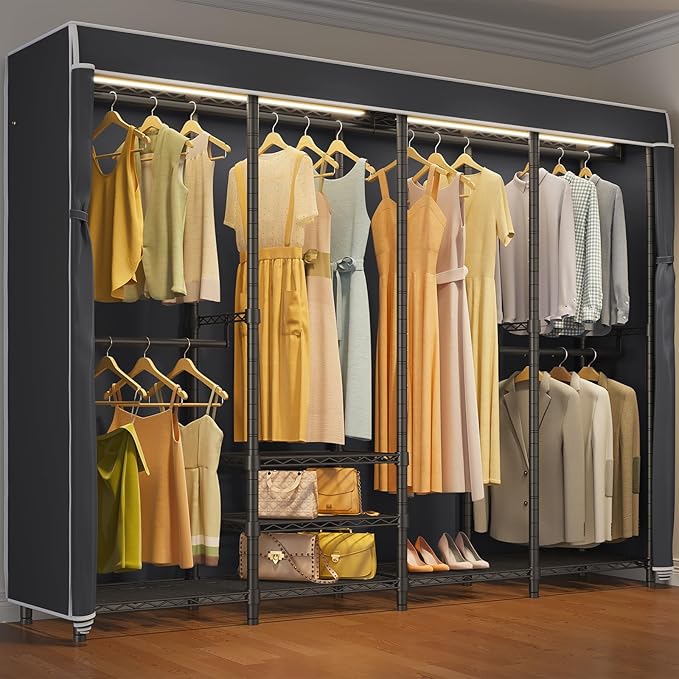 VIPEK V40LC Covered Clothes Rack with Dimmable LED Lights, Heavy Duty Garment Rack with Cover Portable Closet Wardrobe Clothing Rack for Hanging Clothes, Black Closet Rack with Black Oxford Cover