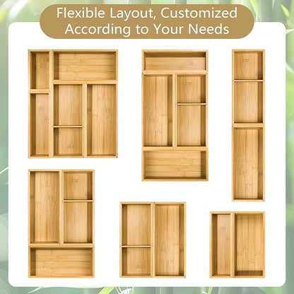 5 PCS Bamboo Drawer Organizer, Multi-Use Wooden Drawer Organizer, Junk Drawer Organizer Kitchen for Bathroom, Makeup Desk, Office Desk, Jewelry, Utensils, Tea Drawer