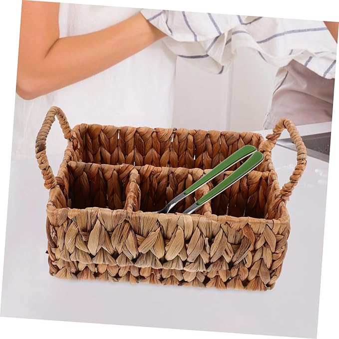 Cabilock Woven Storage Basket for Home Organization Hyacinth Cutlery Organizer Dividers Practical Tableware Basket for Kitchen and Dining Natural Material Multi-Purpose Use