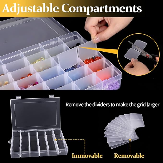 2 Pack 36 Grids Clear Plastic Organizer Box, Storage Container With Adjustable Divider, Craft and Bead Storage for DIY Jewelry Tackles With 2 Sheets Label Stickers