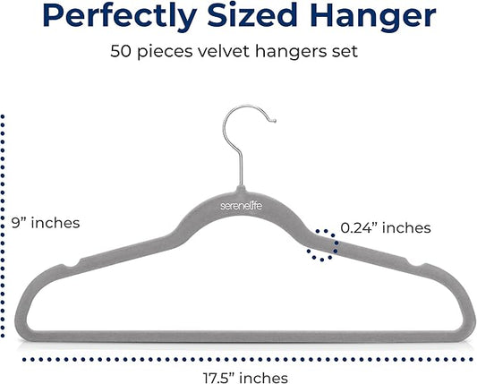 SereneLife 50 Pack Velvet Hangers - Non-Slip, 360° Swivel Hook - Ultra-Thin, Lightweight Velvet Hangers for Shirts, Sweaters, Hoodies, Kids Clothes & Dresses - Space-Saving