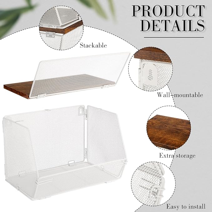 2 Pcs Stackable Mesh Fruit Basket with Lid Wall Produce Vegetable Storage Basket Onion Potato Snack Hanging Metal Wire Container for Kitchen Counter Pantry(Non-removable,White,8.3"w & 13.8"l)