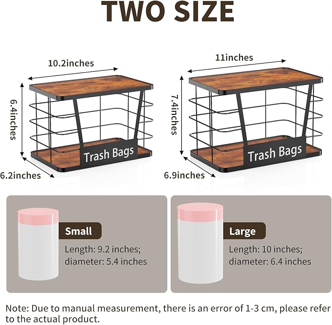 Three colors 2 Pack Trash Bag Holder, Stackable Trash Bag Dispenser with Rustic Wood, Garbage Bag Dispenser Under Sink Organizer for Kitchen Laundry, Adhesive Wall Mount or Countertop