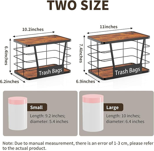 Three colors 2 Pack Trash Bag Holder, Stackable Trash Bag Dispenser with Rustic Wood, Garbage Bag Dispenser Under Sink Organizer for Kitchen Laundry, Adhesive Wall Mount or Countertop