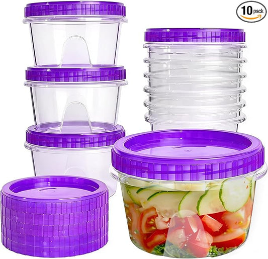 Slomg 10 Pack 16 oz Freezer Storage Containers with Purple Twist Top Lids, Small Plastic Food Storage Soup Meal Prep Containers, Leakproof Overnight Quart Containers for Lunch Leftover Fruit Salad Oat