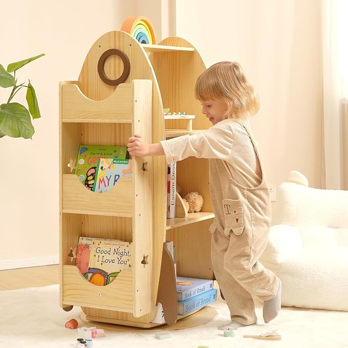 OOOK Rocket Rotating Bookshelf for Kids, 360 Display Spinning Bookshelf Tower with Large Capacity Design, Montessori Toy Shelf for Kids Rooms, Classroom, Play Room