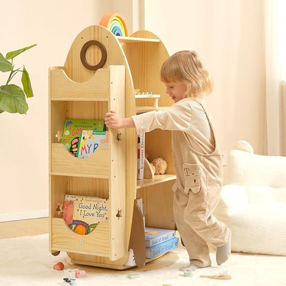 OOOK Rocket Rotating Bookshelf for Kids, 360 Display Spinning Bookshelf Tower with Large Capacity Design, Montessori Toy Shelf for Kids Rooms, Classroom, Play Room