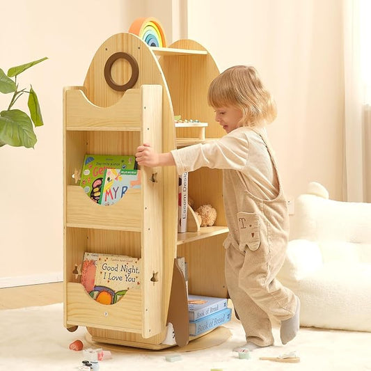 OOOK Rocket Rotating Bookshelf for Kids, 360 Display Spinning Bookshelf Tower with Large Capacity Design, Montessori Toy Shelf for Kids Rooms, Classroom, Play Room