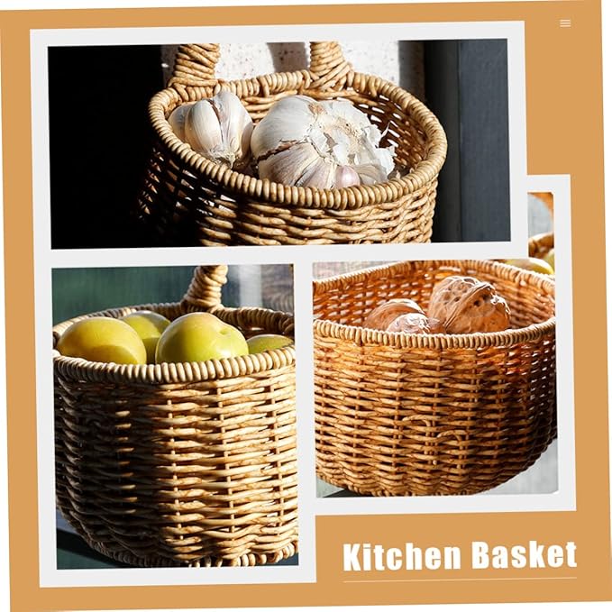 Decorative Woven Storage Basket for Garlic Ginger and Eggs Wall-mounted Kitchen Organizer Rustic Design and Space-saving Home Decor