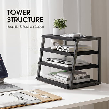 Fenge Desk Shelf Organizer, 4 Tier Desktop Shelf, Wood and Metal Office Shelves, Corner File Organizer for Office Supplies, Top of Desk Organizers and Accessories