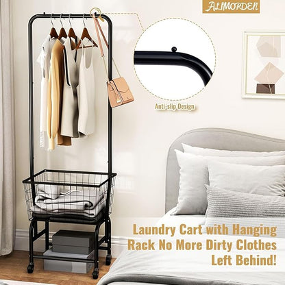 ALIMORDEN Laundry Cart with Clothes Rack, Rolling Laundry Butler with Wire Storage Rack，Black