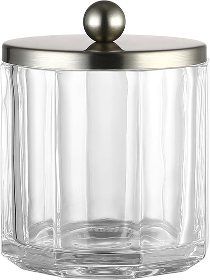 Indecor Home Clear Transparent Apothecary Octagional Shaped Glass Canister Jar With Satin Nickel Metal Lid Cover for Bathroom Organization, Cotton Balls, Q Tips, and Small Accessories, Bath Storage