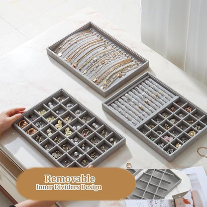 KATISYIO Large Velvet Jewelry Tray 2 Pack Stackable Jewelry Display Drawer Inserts Trays Organizer for Earring Bracelet Necklace Ring (Gray, 35 Grids)