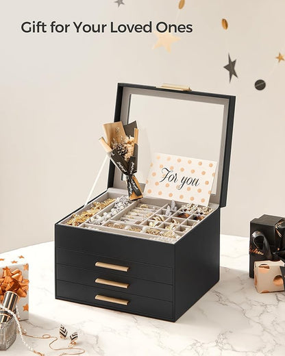 SONGMICS Jewelry Box Organizer with Glass Lid, 4-Layer Jewelry Storage, with 3 Drawers, Modern Style, 8 x 9.1 x 6.5 Inches, Graphite Black and Gold Color UJBC173B01