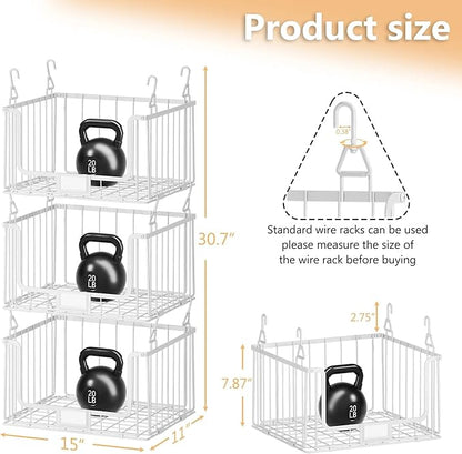 3-Pack Hanging Laundry Organizer, Stackable Wire Shelf Storage with Label Cards, Foldable Metal Baskets with 360°Rotating Hooks,Space-Saving for Laundry Room, Closet & Pantry ,11"×15" Large,White