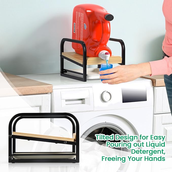 Laundry Detergent Holder Liquid Laundry Detergent Riser, Laundry Detergent Stand, Liquid Detergent Holder with Drip Tray for Laundry Room Organization (Tilted-Black)