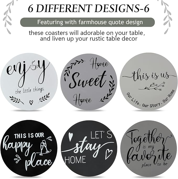 Queekay Coasters Set of 6 House Warming Gifts New Home Wooden Farmhouse Drink Coasters with Holder 4'' Funny Decoration for Kitchen Family Coffee Bar Tabletop Protection(Gray)