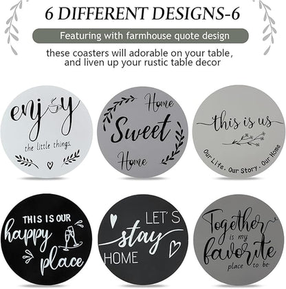Queekay Coasters Set of 6 House Warming Gifts New Home Wooden Farmhouse Drink Coasters with Holder 4'' Funny Decoration for Kitchen Family Coffee Bar Tabletop Protection(Gray)