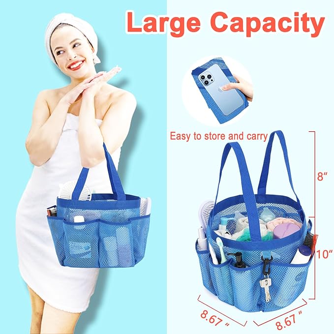 Fammart Mesh Shower Caddy Portable for College Dorm Room Essentials, 8-Pocket Large Shower Basket Tote Bag with 2 Handles for Toiletry, Bathroom, Beach, Camp, Gym