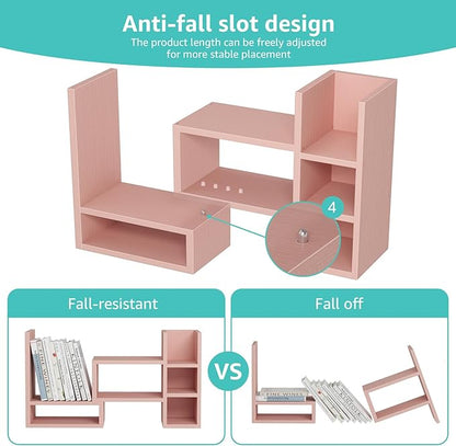 Desk Shelves Desktop Orgnizer Shlef - Pink Office Organization for Top of Desk Organizers and Accessories Corner Bookshelf Table Top Shelving Small Hutch Decorations for Office