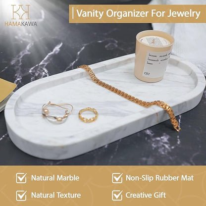 Oval Bathroom Vanity Tray, Large Natural Marble Sink Tray 10 inch, Volakas White Stone Soap Trays, Modern Perfume Trays, Countertop Organizer for Kitchen, Coffee Table, Home Decor
