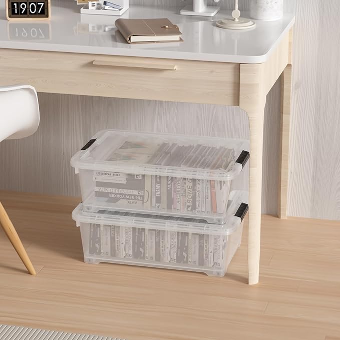 Minekkyes 20 Quart Plastic Under Bed Storage Containers, Latching Storage Boxes with Wheels, Clear Under Bed Storage Bins, 4 Pack