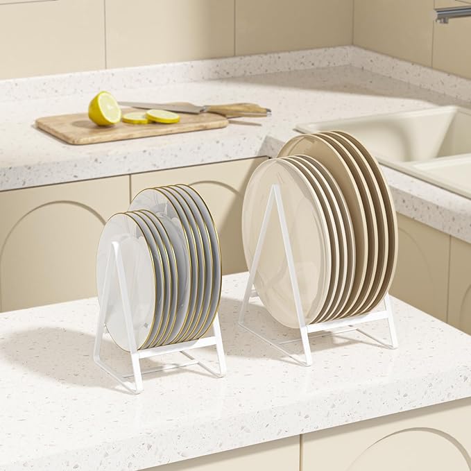 Hikinlichi 2 Pack Triangle Plate Holders Organizers Large Upright Cabinet Dish Drying Racks Metal Plate Dish Organizers Racks Stands for Countertop and Cupboard White