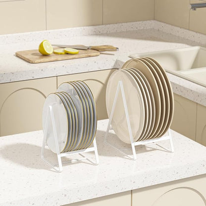 Hikinlichi 2 Pack Triangle Plate Holders Organizers Large Upright Cabinet Dish Drying Racks Metal Plate Dish Organizers Racks Stands for Countertop and Cupboard White