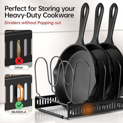 MUDEELA Expandable Pots and Pans Organizer Rack under Cabinet, Pots Lid Organizer Rack for Kitchen Cabinet Organizers and Storage with 12 Adjustable Dividers Cutting Board Holder & Anti-Scratch Strips