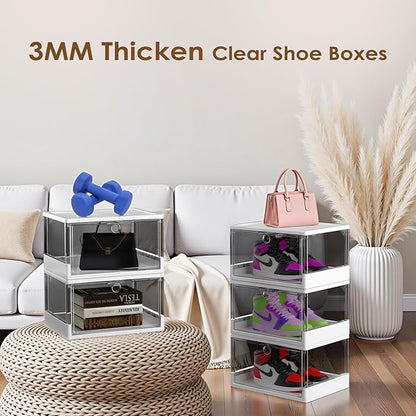 Thicken & Sturdy Clear Shoe Boxes with Magnetic Door, 3 Pack Stackable Multi-functional Shoe Storage, Shoe Organizer for Closet, Space Saving, 360 ° Dustproof & Moisture-proof, Fits Up to US Size 13