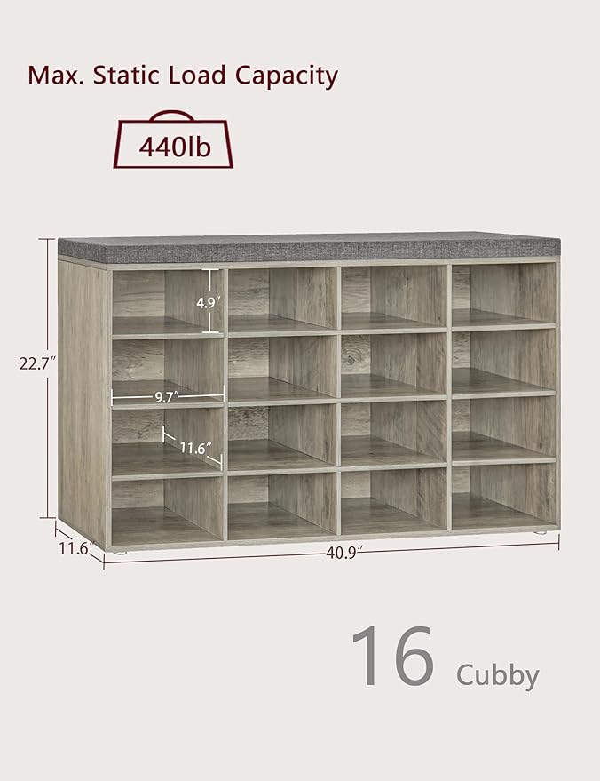 DINZI LVJ Shoe Storage Bench with Cushion, 16-Cubby Shoe Rack, Adjustable Shelves, Multifunctional Shoe Organizer Bench for Entryway, Mudroom, Hallway, Living Room, Bedroom and Garage, Gray Wash