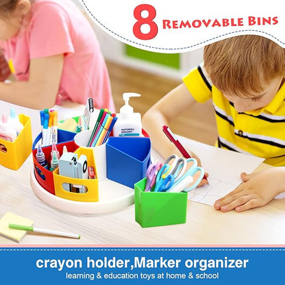 360 Degree Rotating Kids Desk Organizer, Colorful Art Supply Storage and Organization with 8 Removable Compartments, 12" Durable ABS Material for Classroom & Home Use – Perfect Teacher and Child Gift