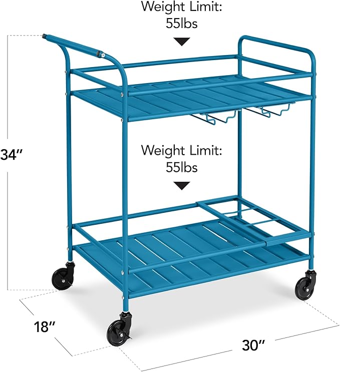 Best Choice Products Rolling Bar Cart, Mobile Home Bar Serving Cart, Serving Station w/ 2 Tier Shelves, Wine Rack, Lockable Wheels - Peacock