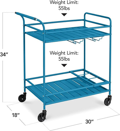 Best Choice Products Rolling Bar Cart, Mobile Home Bar Serving Cart, Serving Station w/ 2 Tier Shelves, Wine Rack, Lockable Wheels - Peacock