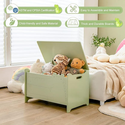 Costzon Wooden Toy Box, Kids Large Trunk Chest with Safety Hinge & Handles, Flip-Top Storage Organizer for Children’s Playroom Bedroom Living Room Entryway (Green)