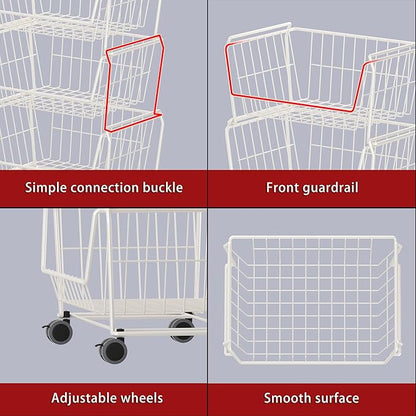 PUSDON Stackable Metal Storage Carts, Dual Use Shelf for Kitchen Fruit Vegetable Baskets with Wheels, Storage Rack for Living Room, Home & Office, Standard White 4 Tiers